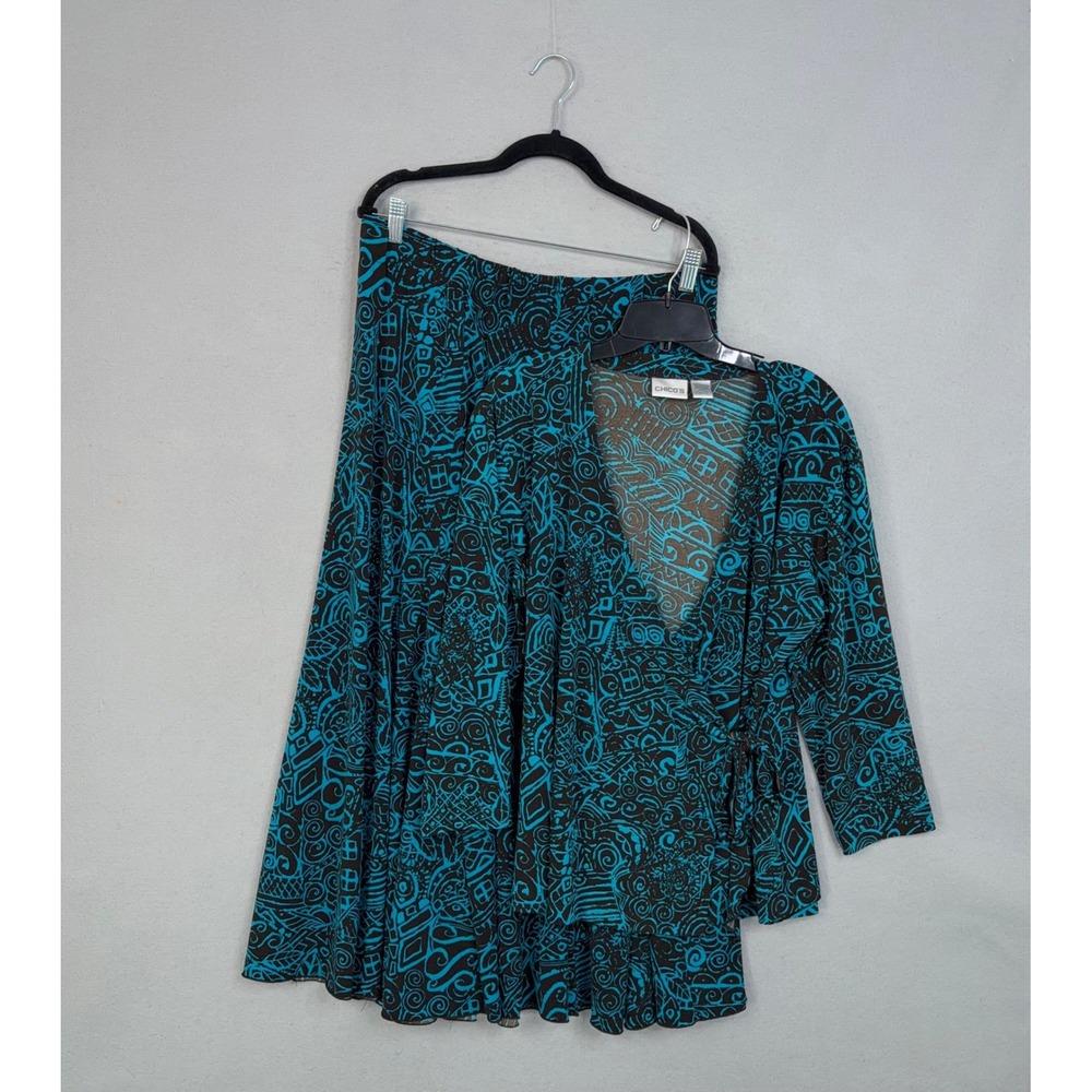 Chico's Skirt Set Womens 3 Teal Abstract Geometric 2 Piece Wrap Top Maxi Boho